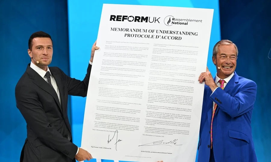 Farage and Bardella handshake